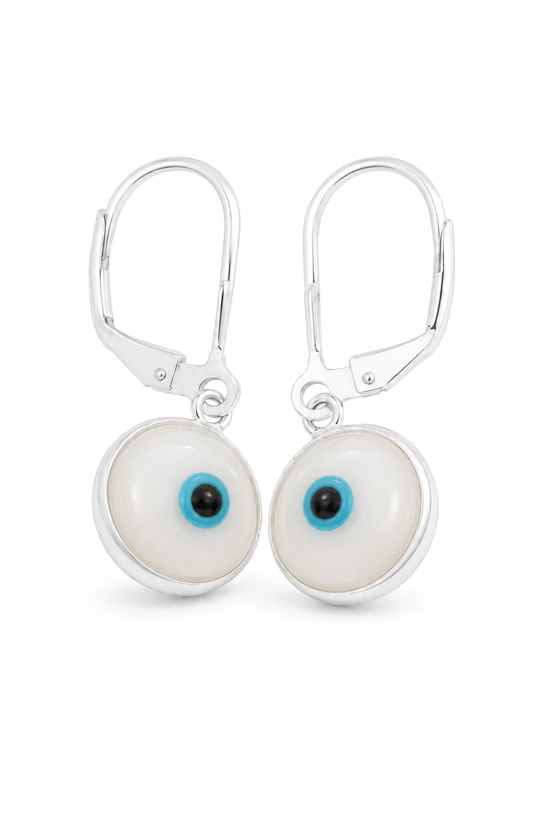 Sterling silver 9mm white Murano evil eye safety-hook earrings on a pure white background