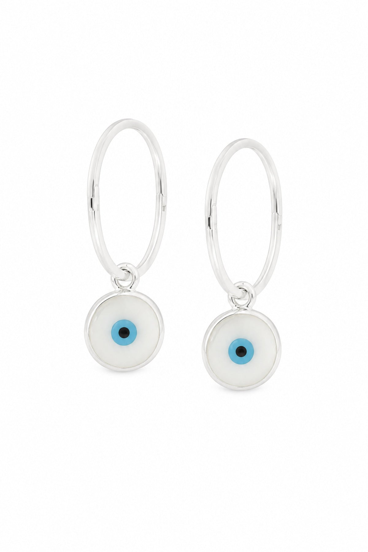 White evil eye sterling silver charm sleeper earrings on a white background