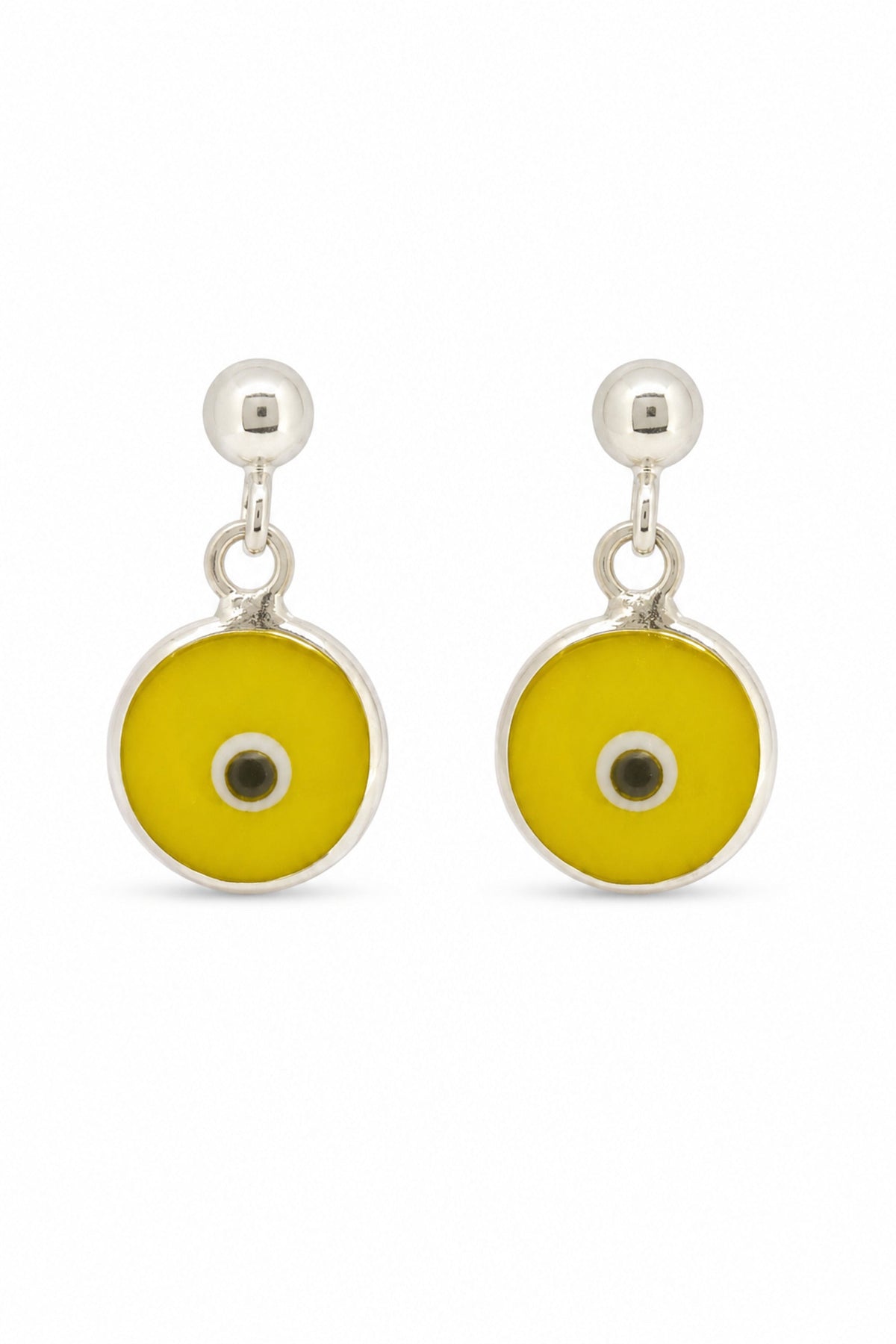 Yellow evil eye sterling silver ball stud earrings on a white background