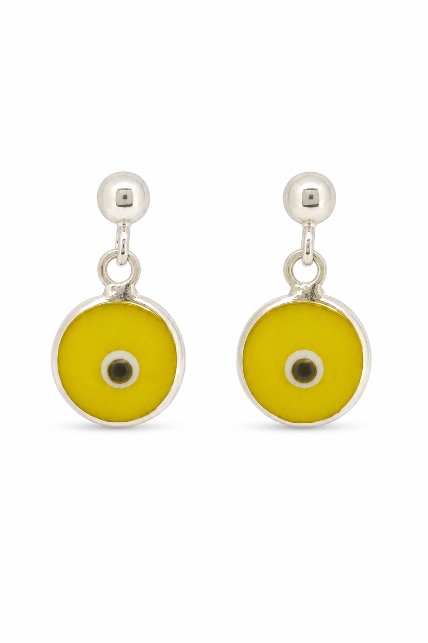 Yellow evil eye sterling silver ball stud earrings on a white background