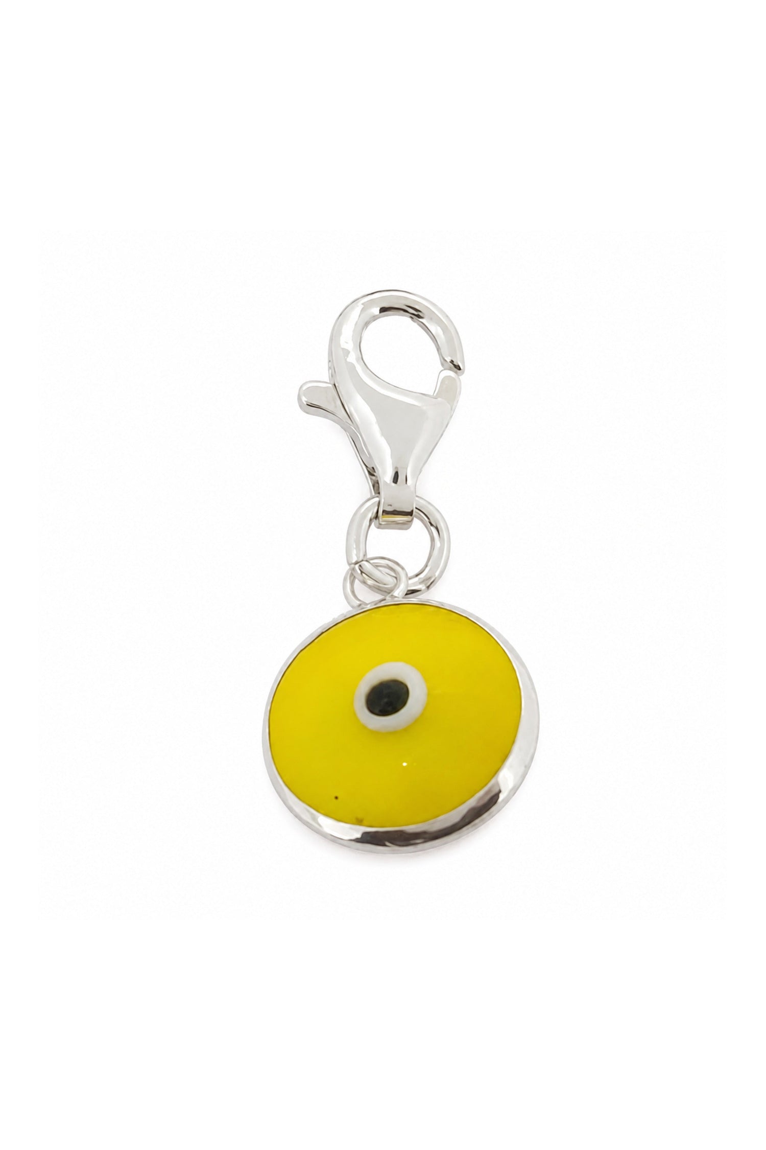 Yellow evil eye sterling silver clip-on charm on a white background